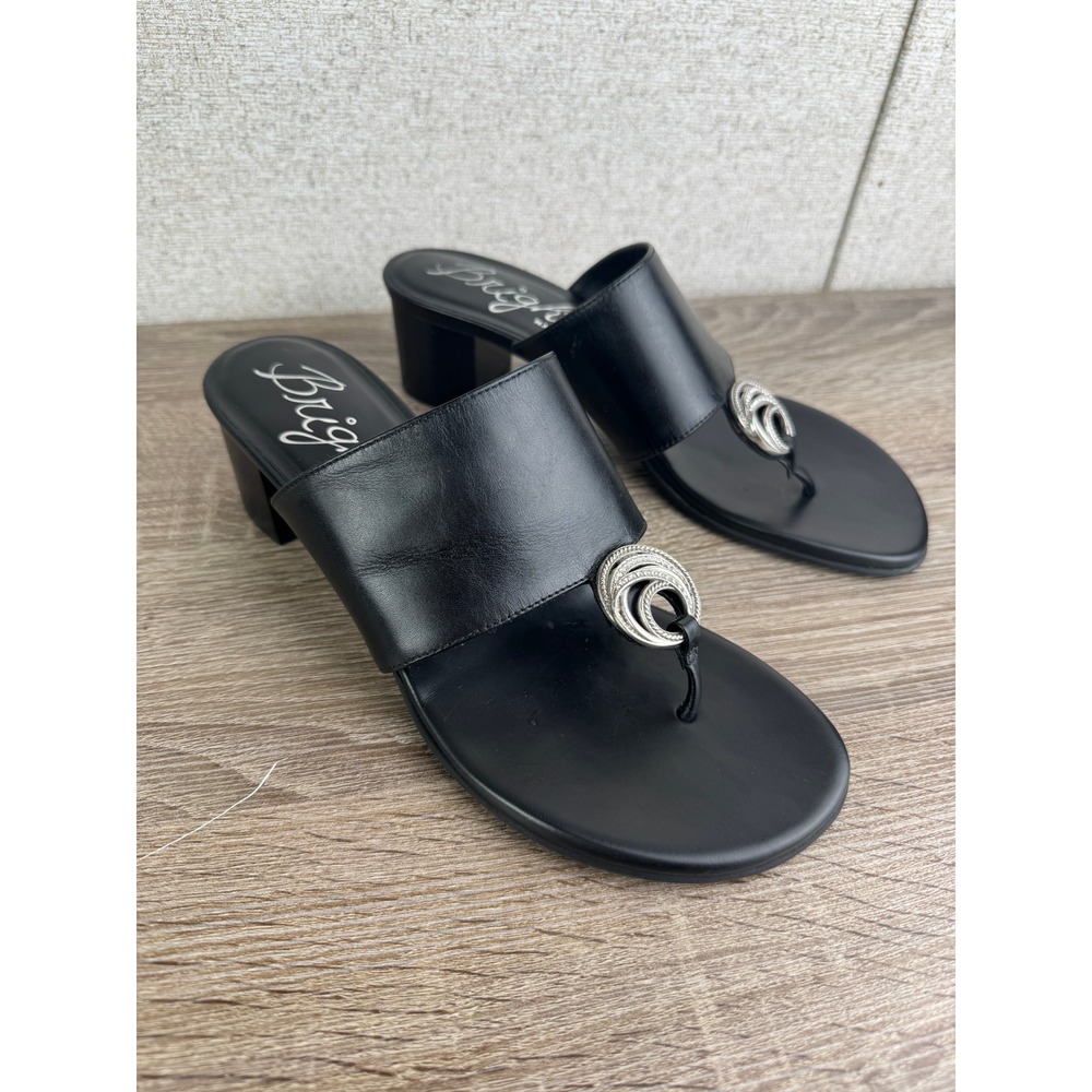 Brighton Katia Jeweled Thong Sandals 8.5 M Black‎ Leather Block Heel